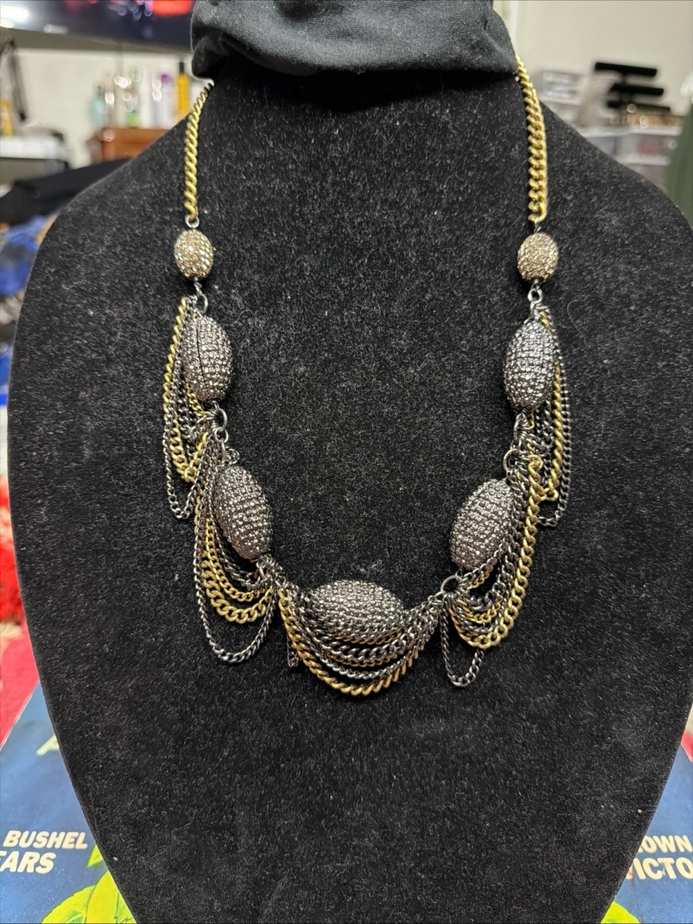 Signed 27” Talbots Gold and Gunmetal Multi-Chain Statement Necklace drape